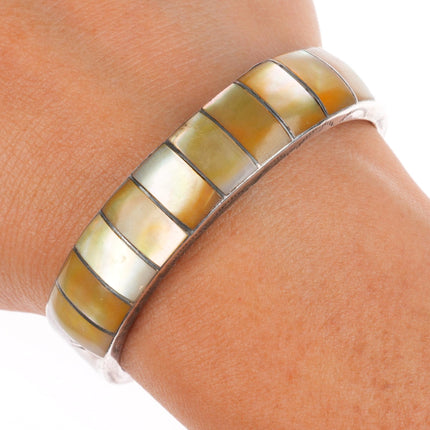 6" Vintage Zuni sterling silver yellow mother of pearl inlay cuff bracelet