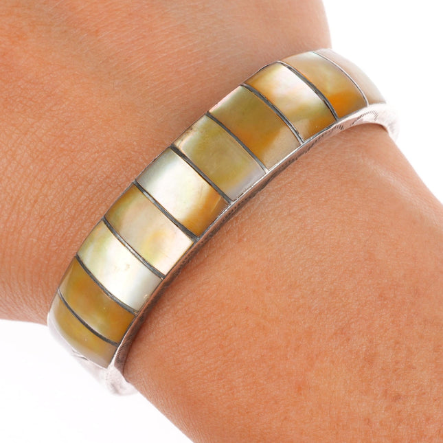 6" Vintage Zuni sterling silver yellow mother of pearl inlay cuff bracelet