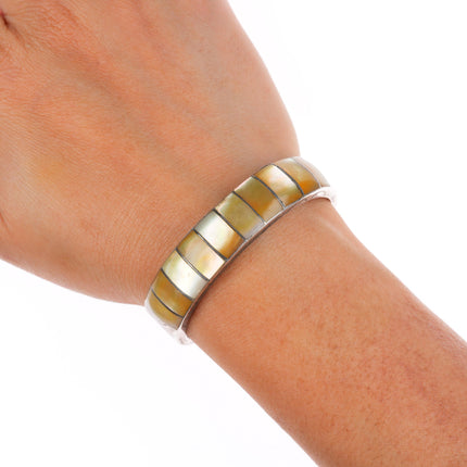 6" Vintage Zuni sterling silver yellow mother of pearl inlay cuff bracelet