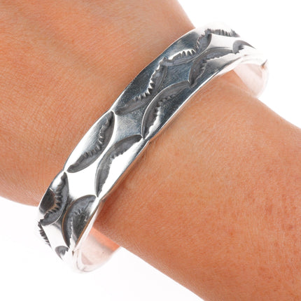 7.25" Nora Tahe Navajo sterling silver deep stamped heavy gauge cuff bracelet