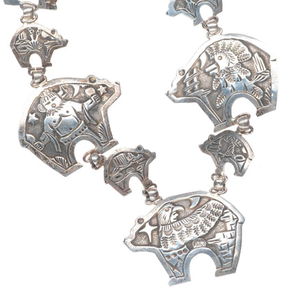 32" Large Vintage Becenti Navajo sterling silver bears storyteller necklace
