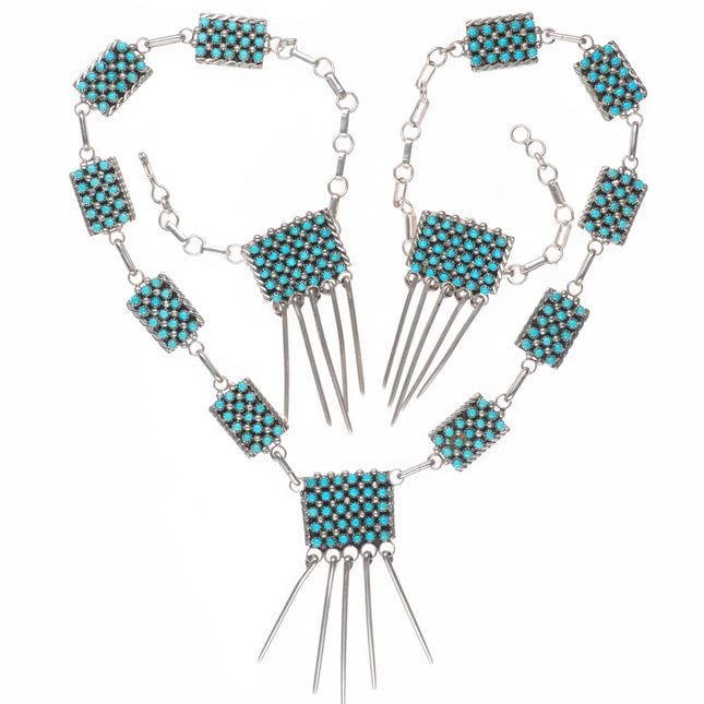 24" Vintage Zuni fine Snake Eye turquoise necklace and earrings set BKW