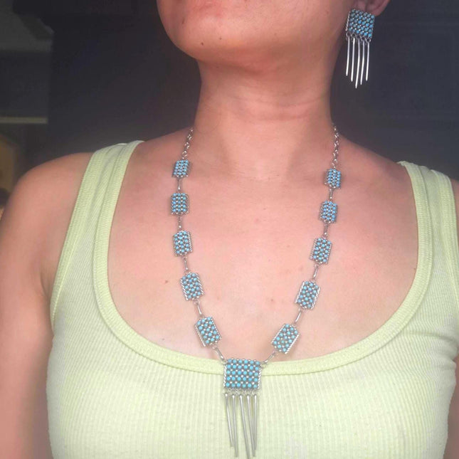 24" Vintage Zuni fine Snake Eye turquoise necklace and earrings set BKW