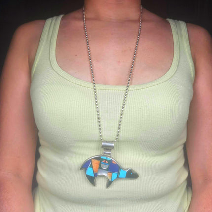 Frank Yellowhorse Navajo sterling silver intarsia inlay large bear pendant