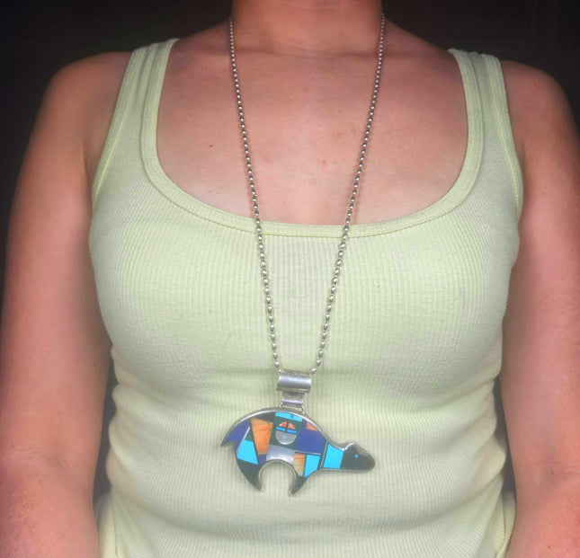 Frank Yellowhorse Navajo sterling silver intarsia inlay large bear pendant