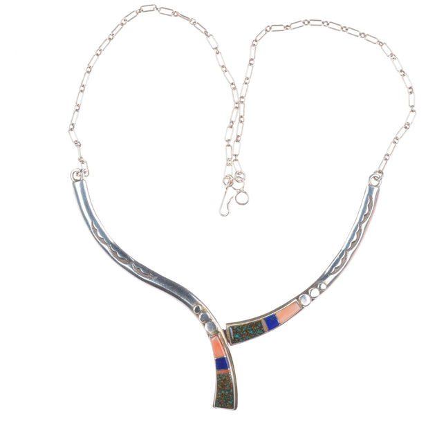 Antonio Yazzie Navajo sterling silver spiderweb turquoise coral inlay necklace