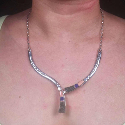 Antonio Yazzie Navajo sterling silver spiderweb turquoise coral inlay necklace