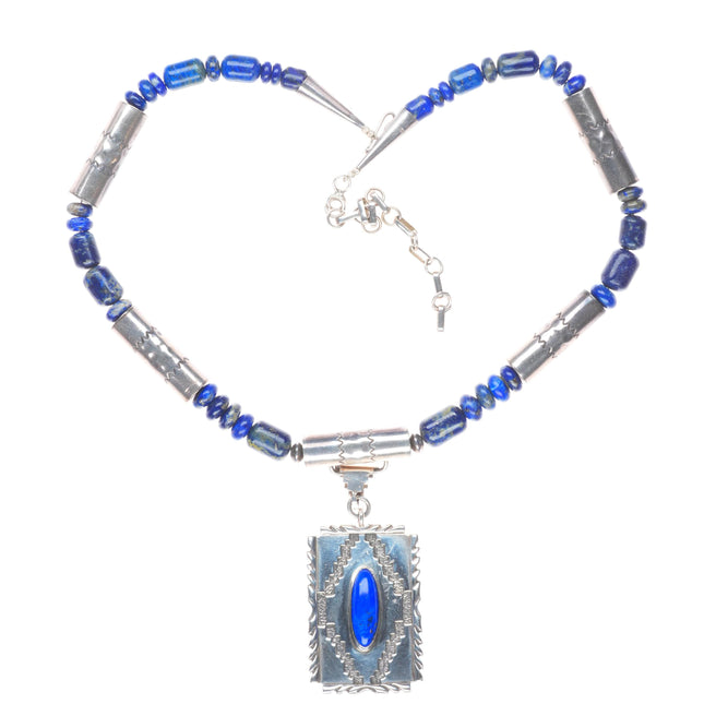 Alfred Martinez Navajo sterling silver lapis beaded pendant necklace