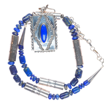 Alfred Martinez Navajo sterling silver lapis beaded pendant necklace