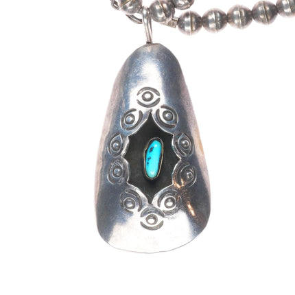 29.5" Vintage Navajo sterling silver shadowbox turquoise pendant beaded necklace
