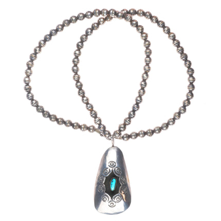 29.5" Vintage Navajo sterling silver shadowbox turquoise pendant beaded necklace