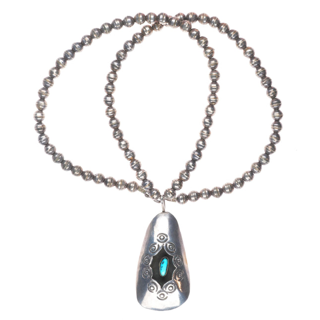 29.5" Vintage Navajo sterling silver shadowbox turquoise pendant beaded necklace