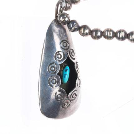 29.5" Vintage Navajo sterling silver shadowbox turquoise pendant beaded necklace