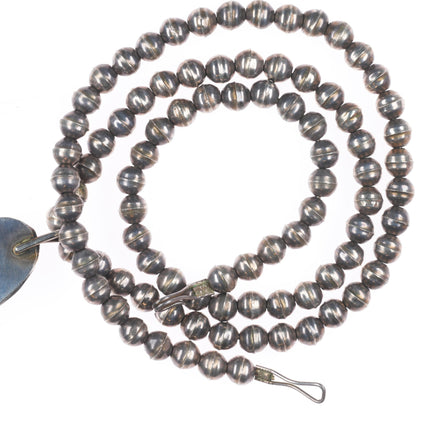 29.5" Vintage Navajo sterling silver shadowbox turquoise pendant beaded necklace