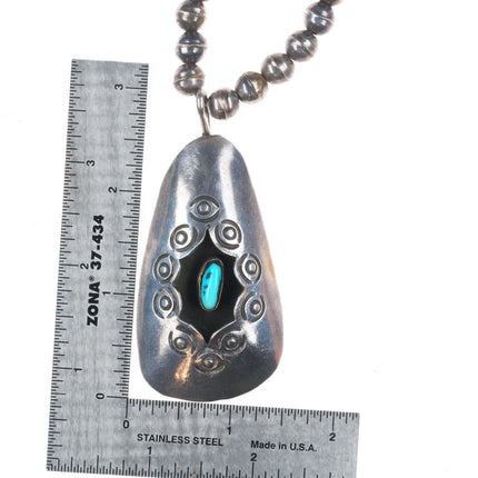 29.5" Vintage Navajo sterling silver shadowbox turquoise pendant beaded necklace