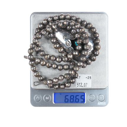 29.5" Vintage Navajo sterling silver shadowbox turquoise pendant beaded necklace