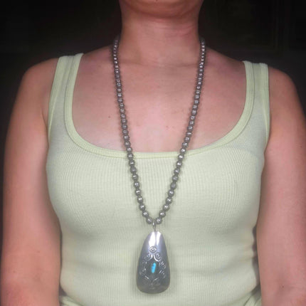 29.5" Vintage Navajo sterling silver shadowbox turquoise pendant beaded necklace