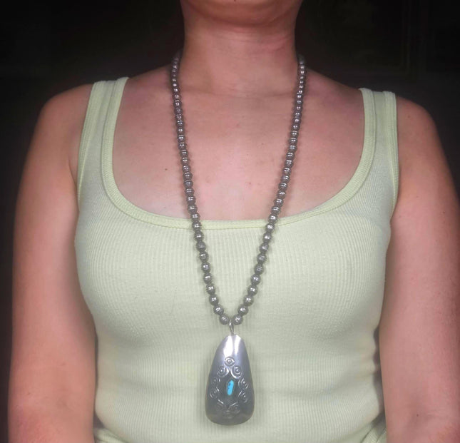 29.5" Vintage Navajo sterling silver shadowbox turquoise pendant beaded necklace