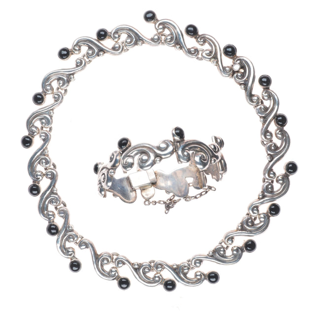 15" & 6.25" Emma Melendez Taxco modernist sterling silver onyx choker/bracelet