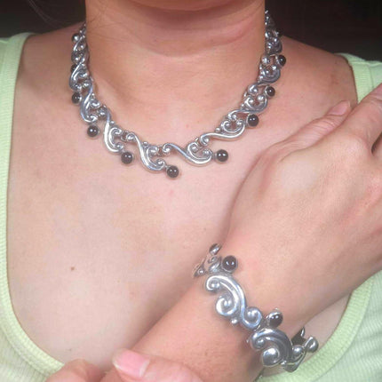 15" & 6.25" Emma Melendez Taxco modernist sterling silver onyx choker/bracelet