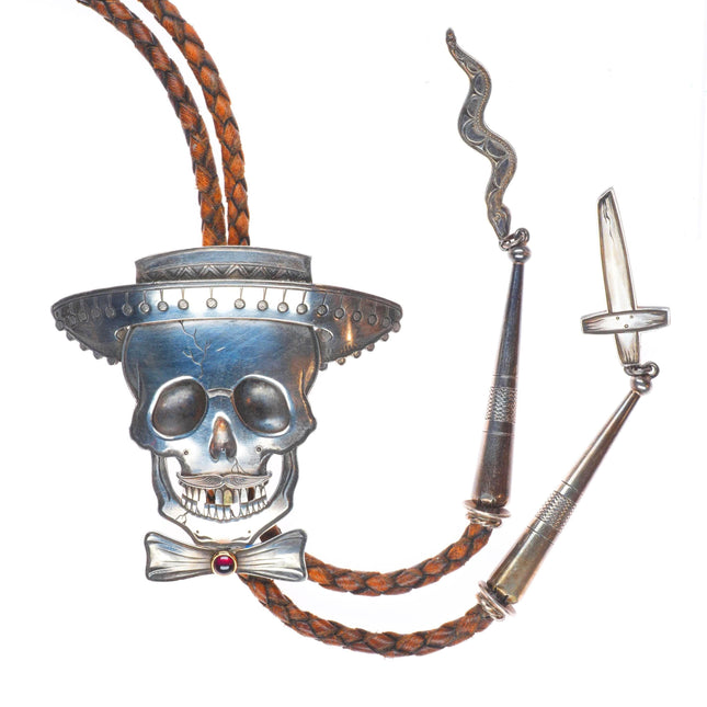 1990 14k gold/Sterling silver/Garnet Kit Carson Day of the Dead vintage bolo tie