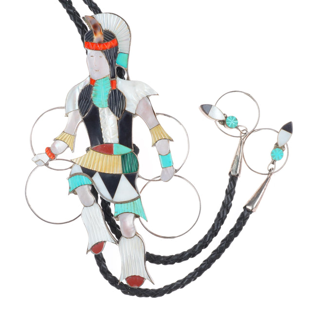 Large Jonathan Beyuka Zuni sterling silver carved stone Hoop Dancer bolo tie