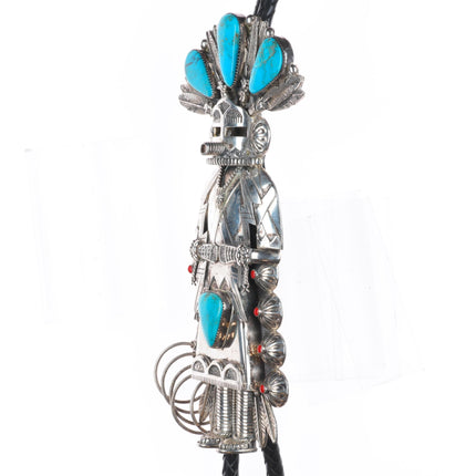 Huge Jerry Roan Navajo sterling silver turquoise/coral Kachina bolo tie