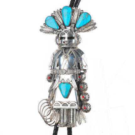 Huge Jerry Roan Navajo sterling silver turquoise/coral Kachina bolo tie
