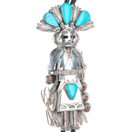 Huge Jerry Roan Navajo sterling silver turquoise/coral Kachina bolo tie