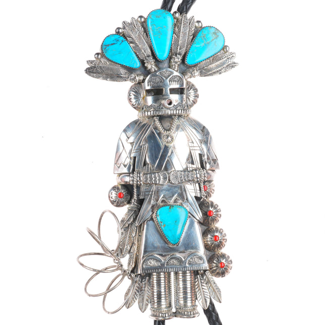 Huge Jerry Roan Navajo sterling silver turquoise/coral Kachina bolo tie