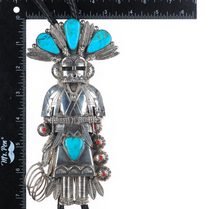 Huge Jerry Roan Navajo sterling silver turquoise/coral Kachina bolo tie