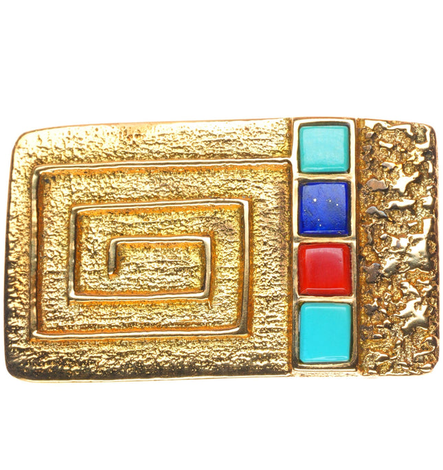 18k Gold Tufa Cast Steve Wikviya Larance Hopi turquoise/coral/lapis belt buckle