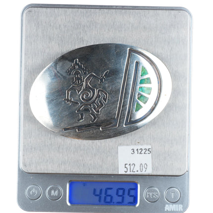 Vintage Navajo Overlay dancer turquoise flush inlay sterling silver belt buckle