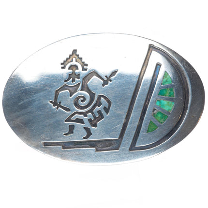 Vintage Navajo Overlay dancer turquoise flush inlay sterling silver belt buckle