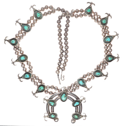 Vintage Navajo sterling silver handmade beads turquoise squash blossom necklace
