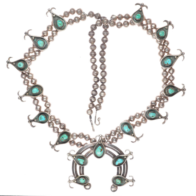 Vintage Navajo sterling silver handmade beads turquoise squash blossom necklace