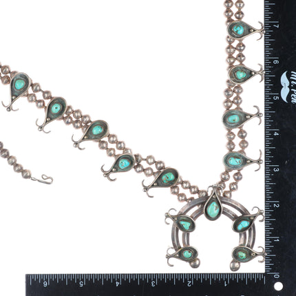 Vintage Navajo sterling silver handmade beads turquoise squash blossom necklace