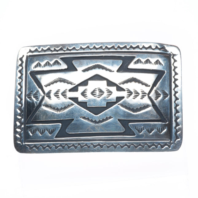 Vintage Navajo rug pattern sterling silver rectangle belt buckle