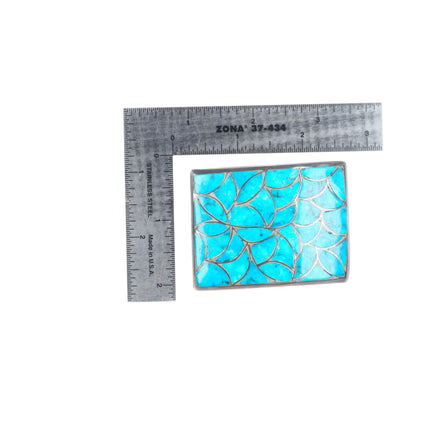 Alice Leekya Homer Zuni sterling silver turquoise fish scale inlay belt buckle