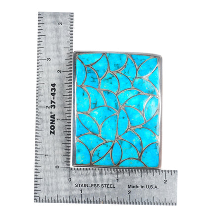 Alice Leekya Homer Zuni sterling silver turquoise fish scale inlay belt buckle