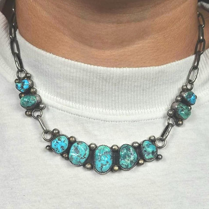 Vintage Navajo sterling silver turquoise nugget row necklace DJA