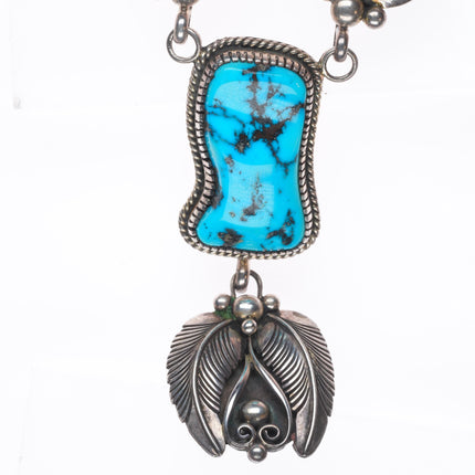 Vintage EB Navajo sterling silver Kingman turquoise necklace with feathers