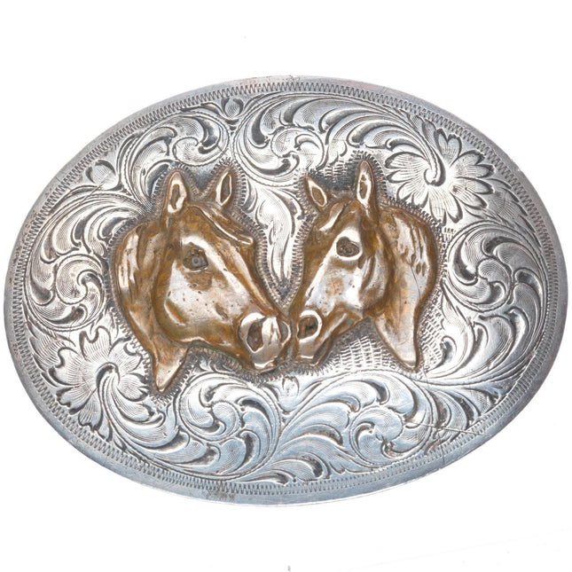 SSS Vintage Southwestern sterling silver horse busts cowboy/cowgirl belt buckle