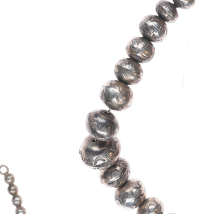 22.5" c1950 Vintage Navajo pearl sterling silver hand stamped beaded necklace