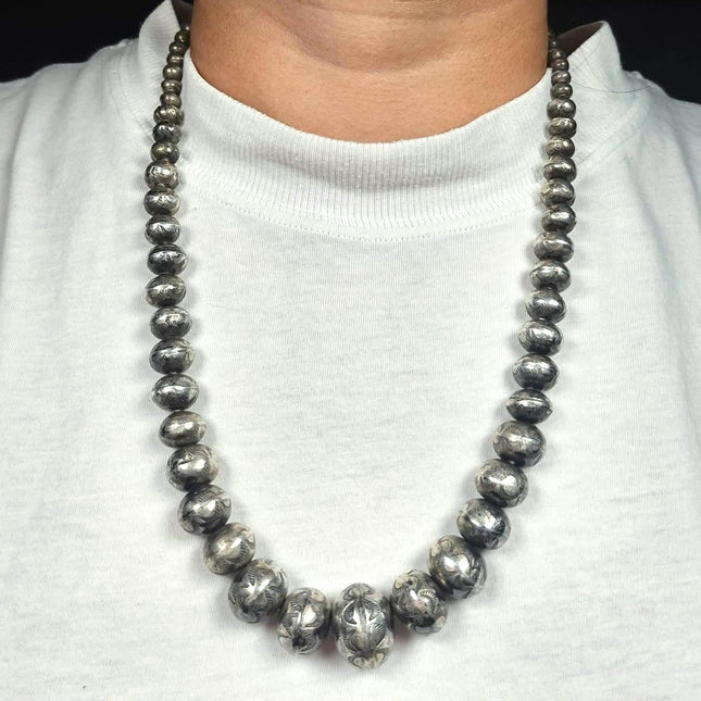 22.5" c1950 Vintage Navajo pearl sterling silver hand stamped beaded necklace