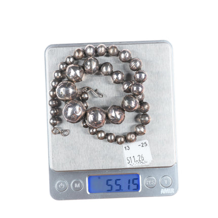 17.5" c1950 Vintage Navajo pearl sterling silver hand stamped beaded necklace