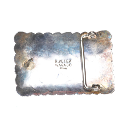 R Peter Navajo sterling silver 3 stone turquoise belt buckle