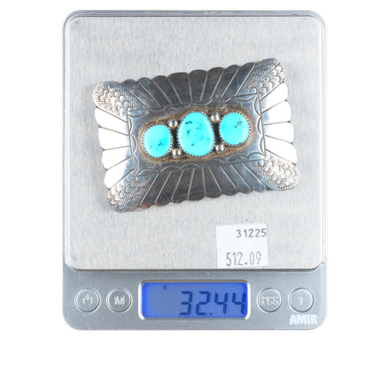R Peter Navajo sterling silver 3 stone turquoise belt buckle