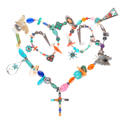 31" Vintage Navajo/Zuni/southwestern sterling silver charm necklace rosary