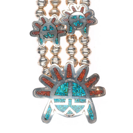 19" Vintage Navajo sterling silver turquoise chip inlay squash blossom necklace